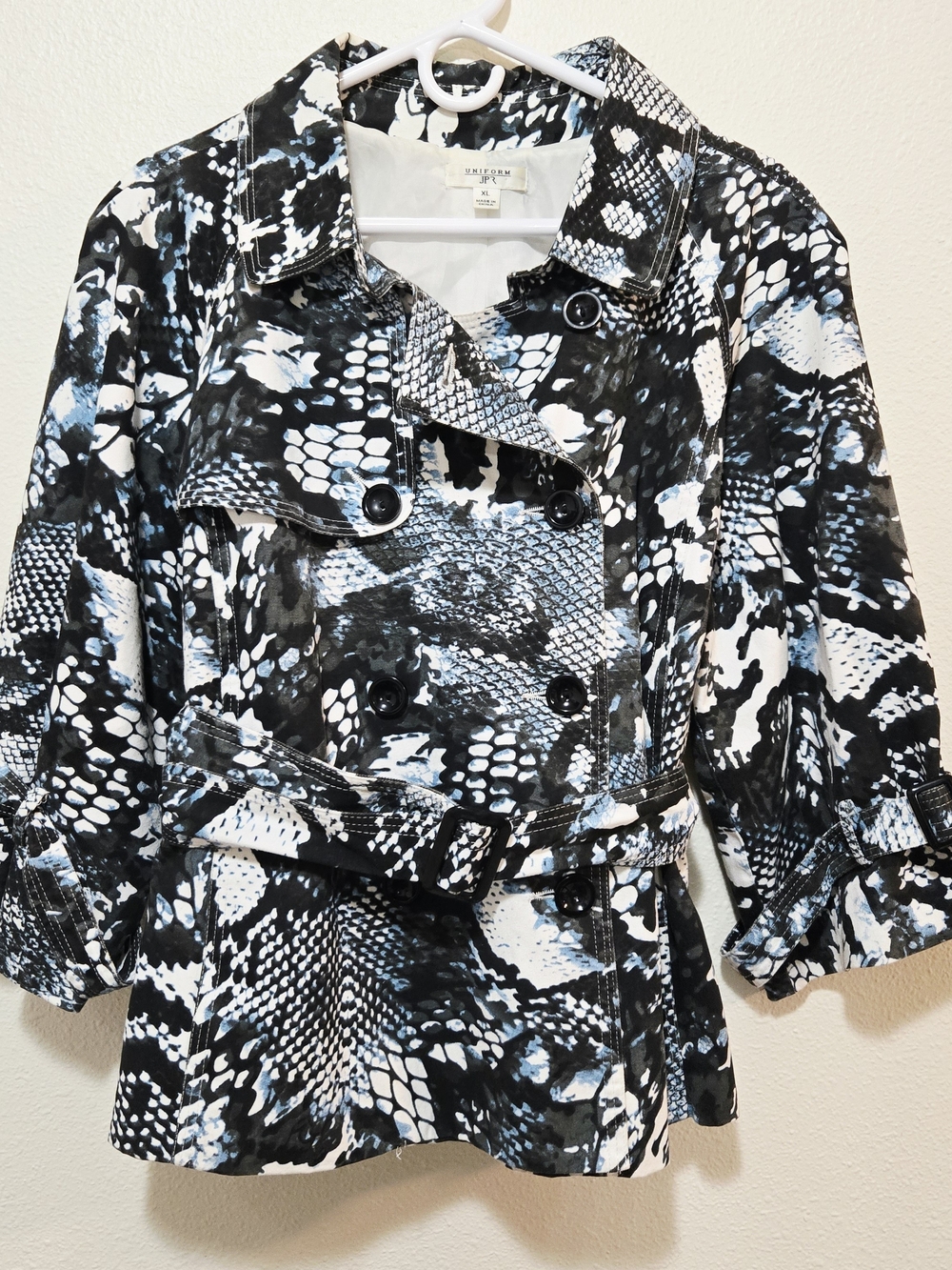 Uniform JPR Cropped Trench Coat Jacket Blue Black Snake Print Belted Size XL